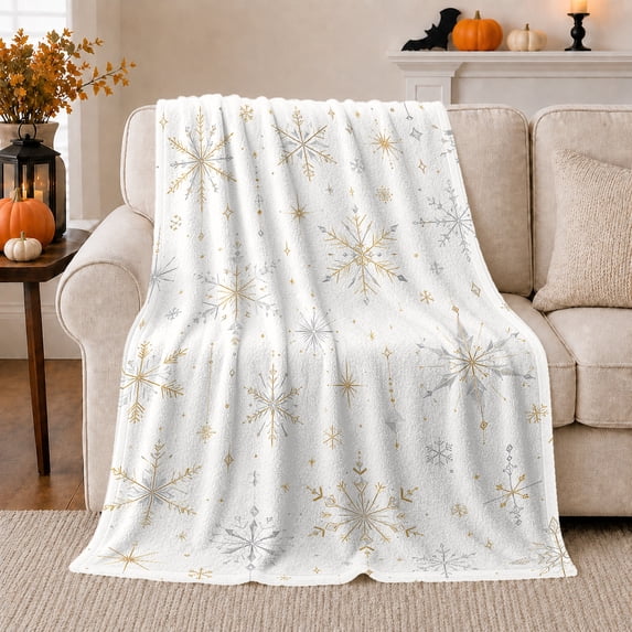 Festive Geometric Snowflake Winter White Living Room Decorative, Festive Holiday Scene, Warm Flannel Blanket for Living Room and Bedroom, Art Lovers Housewarming Gift, Artistic Home Decor