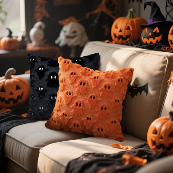 Festive Ghost Pattern Plush Pillow Case Soft Faux Wool Cushion Cover for Halloween Home Living Room Sofa Couch Office Decoration, 18x18 Inch