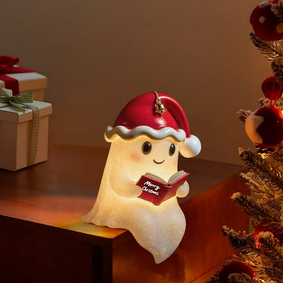 Festive Ghost Reading Book Lamp – 18cm Christmas Decoration with Santa Hat and LED Lights, Adorable Night Light for Home, Holiday Displays & Cozy Reading Spaces to Boost Christmas Atmosphere