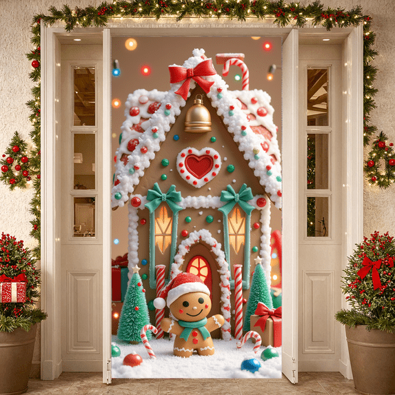 Festive Gingerbread House Christmas Banner Colorful Holiday Decor for Winter Decoration Party Celebration