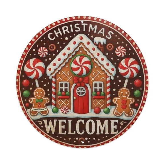 Festive Gingerbread House Welcome Round Tin Sign Vintage Metal Poster Living Room Bar Man Cave Home Wall Art Decor 8x8inch
