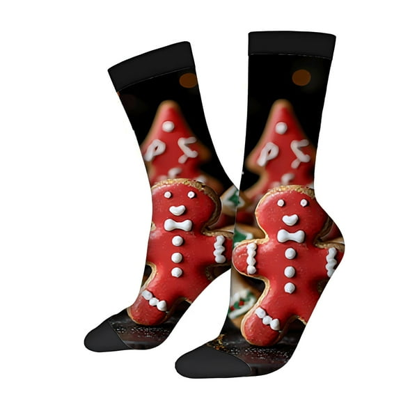 Festive Gingerbread Man Socks - 2 Pairs of Unisex Trendy Socks with Colorful Holiday Design Black Cuff Perfect for Winter