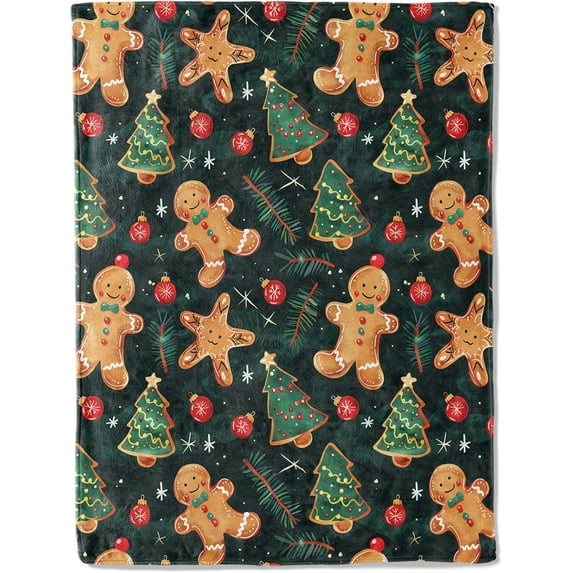 Festive Gingerbread Men Throw Blanket- Ultra Soft, Fleece, Lightweight,Christmas Trees on Dark Green Blankets,for Couch Room Bedroom,Rustic Holiday Decor,Gifts for Kids Adults 40x50in