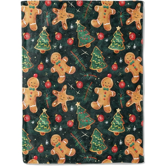 Festive Gingerbread Men Throw Blanket- Ultra Soft, Fleece, Lightweight,Christmas Trees on Dark Green Blankets,for Couch Room Bedroom,Rustic Holiday Decor,Gifts for Kids Adults 40x50in