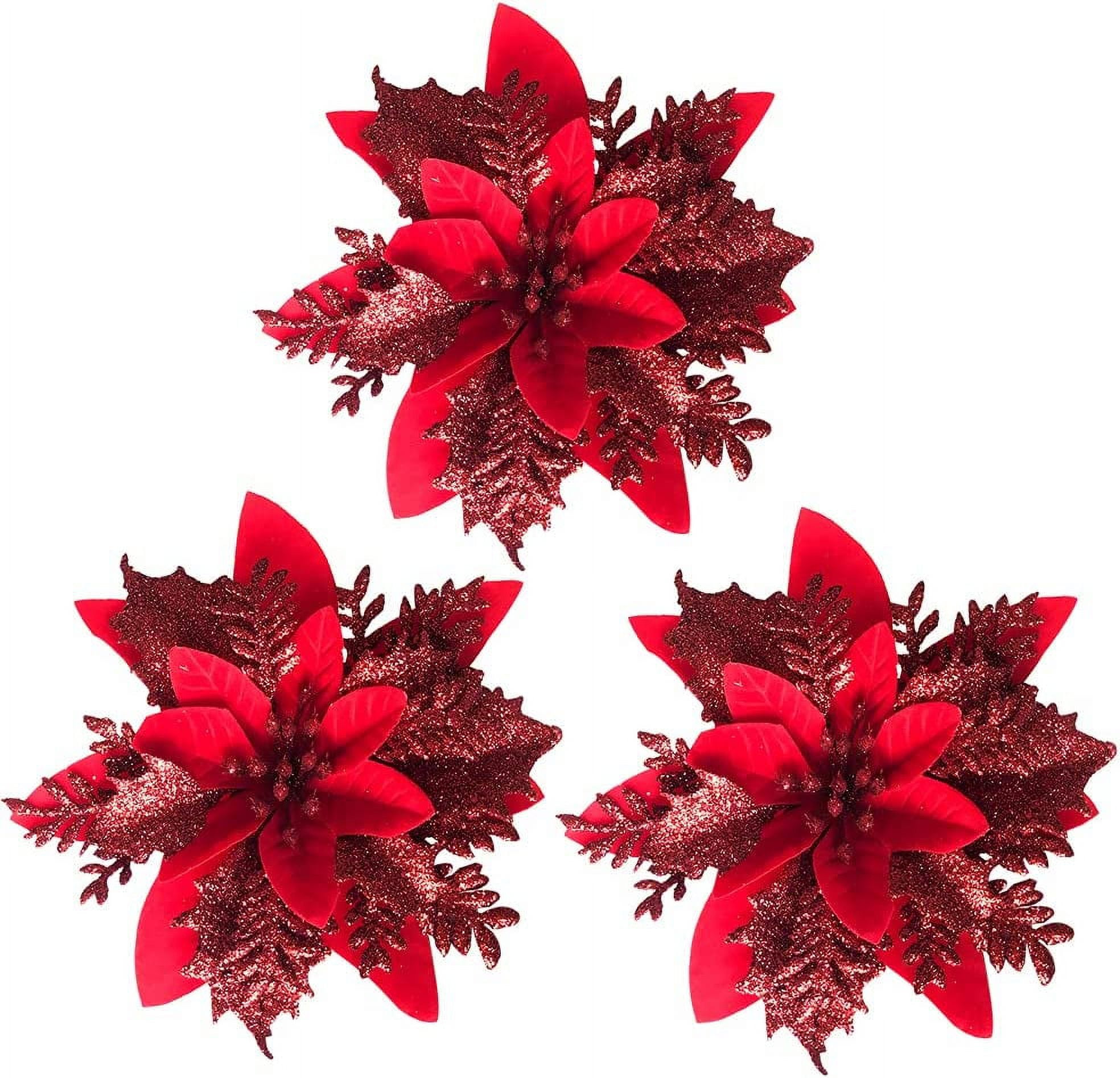 Festive Glitter Poinsettia Flower Christmas Tree Ornaments Set of 12 (Burgundy Red)
