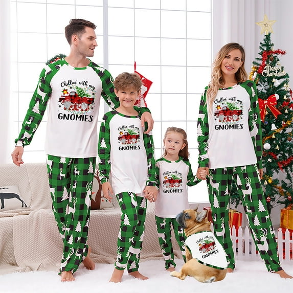 Festive Gnome Family Matching Christmas PJs Green Plaid Saying “Chillin’ With My Gnomies”, Holiday Sleepwear Set for Adult Kid Baby Dog