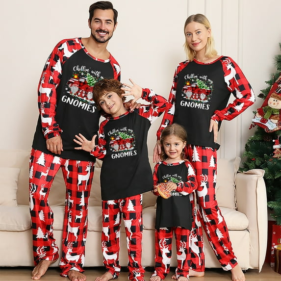 Festive Gnome Family Matching Christmas Pajamas Red Plaid Saying “Chillin’ With My Gnomies”, Holiday Sleepwear Set for Adult Kid Baby Dog