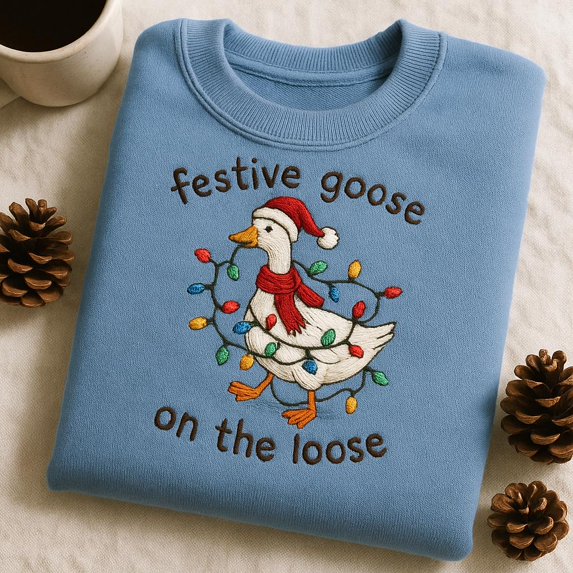 Festive Goose On The Loose Christmas Sweatshirt, Embroidered Holiday Bird Gift, Funny Xmas Lights Animal Hoodie