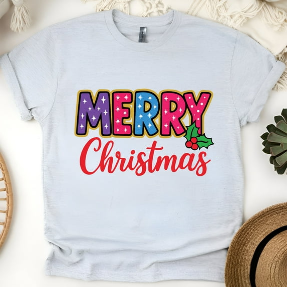 Festive Graphic Tee | Colorful Merry Lettering Shirt | Unisex Casual T-Shirt, Ash, Size 3XL