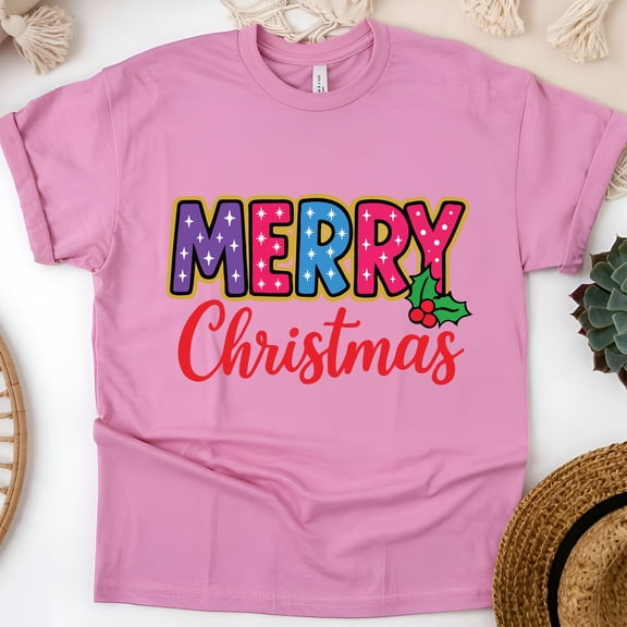 Festive Graphic Tee | Colorful Merry Lettering Shirt | Unisex Casual T-Shirt, Azalea, Size L