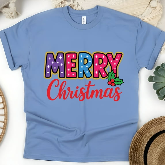 Festive Graphic Tee | Colorful Merry Lettering Shirt | Unisex Casual T-Shirt, CarolinaBlue, Size 3XL