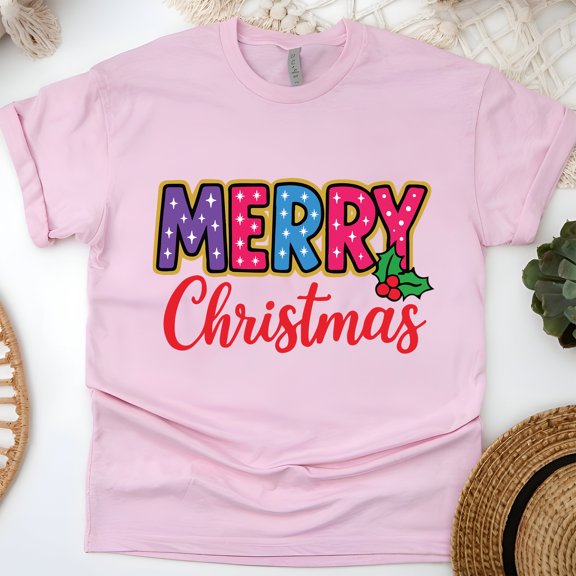 Festive Graphic Tee | Colorful Merry Lettering Shirt | Unisex Casual T-Shirt, Light Pink, Size XL