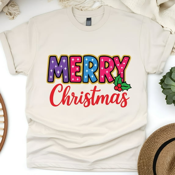 Festive Graphic Tee | Colorful Merry Lettering Shirt | Unisex Casual T-Shirt, Natural, Size 2XL