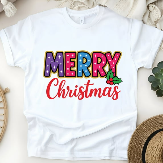 Festive Graphic Tee | Colorful Merry Lettering Shirt | Unisex Casual T-Shirt, White, Size S