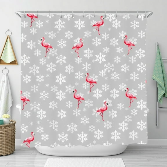 Festive Gray Shower Curtain with White Snowflakes & Pink Flamingos