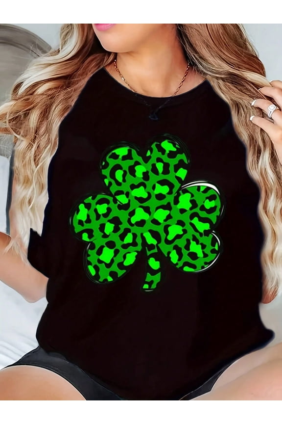 Festive Green Leopard Shamrock Print Women Short Sleeve Casual T-Shirt