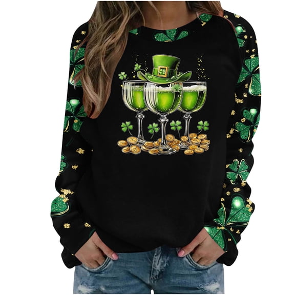Festive Green Streetwear Holiday Top – Women's Holiday Print Sweatshirt with St. Patrick's Day Theme, Long Sleeve Raglan Casual Pullover in Loose Fit Round Neck Hoodless Style