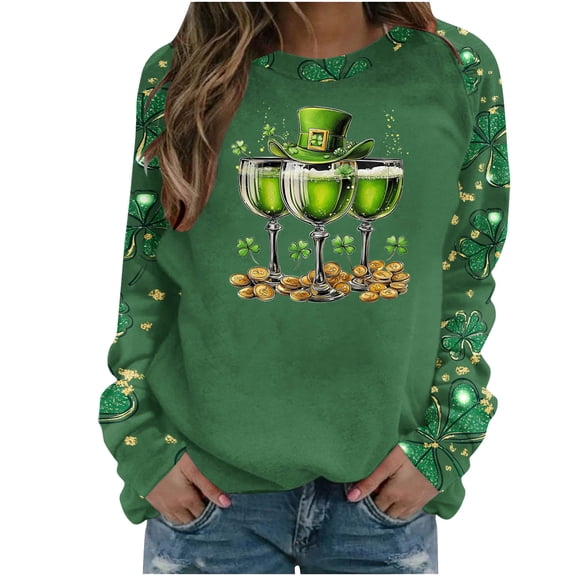 Festive Green Streetwear Holiday Top – Women's Holiday Print Sweatshirt with St. Patrick's Day Theme, Long Sleeve Raglan Casual Pullover in Loose Fit Round Neck Hoodless Style