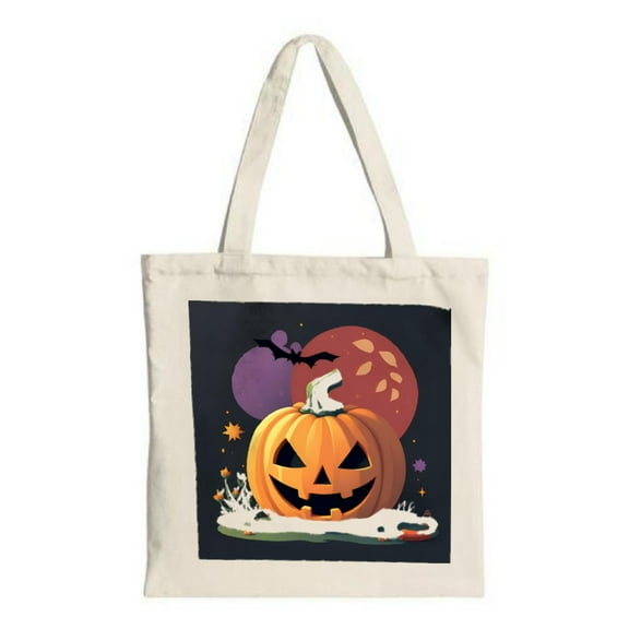 Festive Halloween Canvas Tote Bag - Multifunctional Reusable Shopping Bag with Vibrant Pumpkin Bats and Moon Design for Parties & Travel