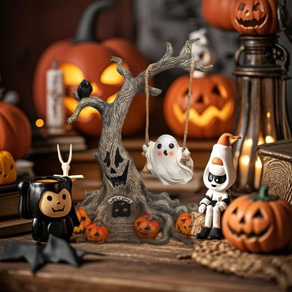 Festive Halloween Centerpiece, Resin Tree Stump with Swinging Ghost and Raven, Perfect Holiday Hostess Gift Tabletop Decor