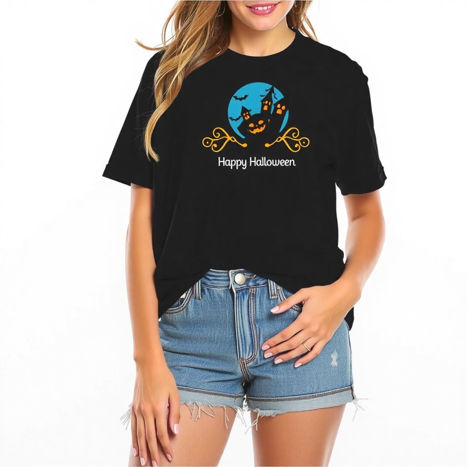 festive-halloween-t-shirt-for-women-haunted-house-pumpkin-design