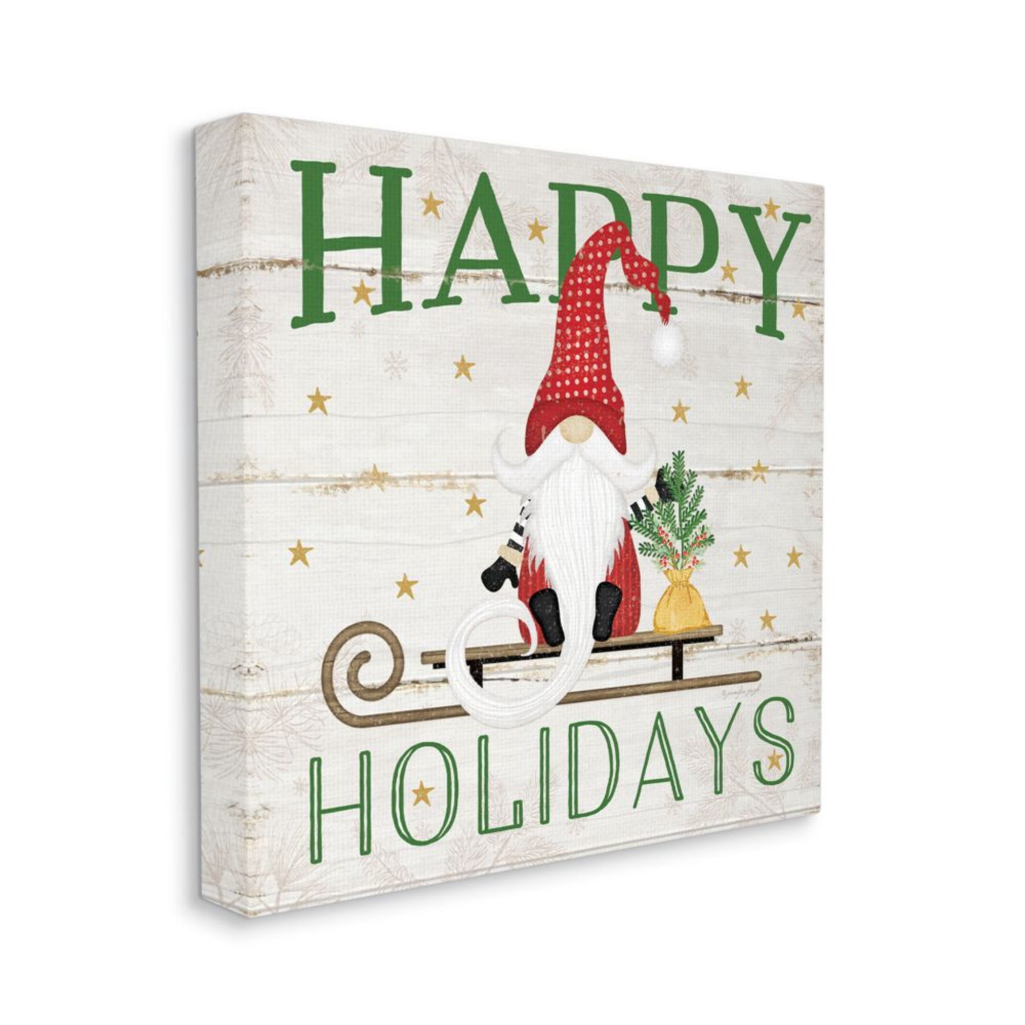 Festive Happy Holidays Gnome with Rustic Sled Detail Holiday Gallery-Wrapped Canvas Print Wall Art, 17x17