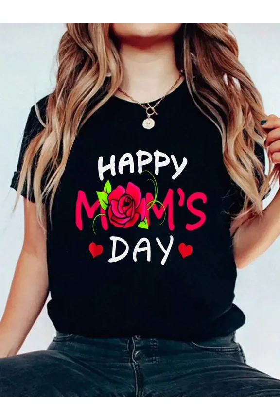 Festive Happy Mom's Day Rose Heart Graphic T-Shirt for Women, Loving Mother's Day Celebration Gift Tee