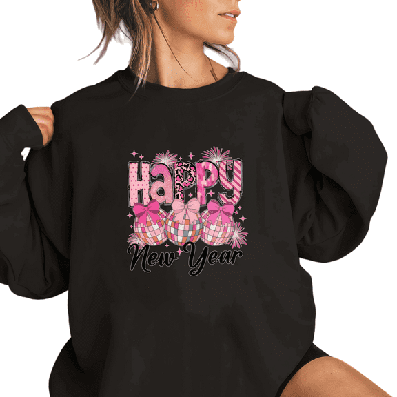 Festive Happy New Year Print Sweatshirt Graphic Sweatshirt Pink Bow Black S 3XL Tops
