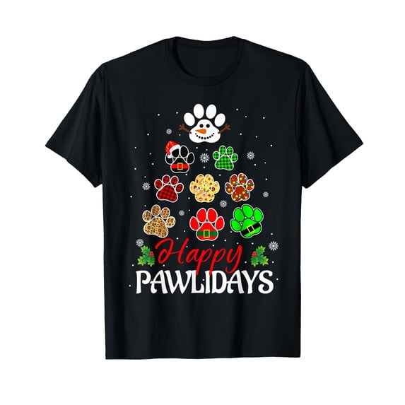 Festive Happy Pawlidays Paw Print T-Shirt for Dog Lovers Celebrating Christmas