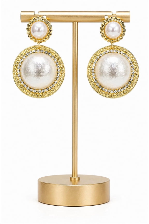 Vintage Pearl Statement Drop Earrings for Women, Gold Tone Round Disc Earrings, Elegant Bridal Wedding Jewelry