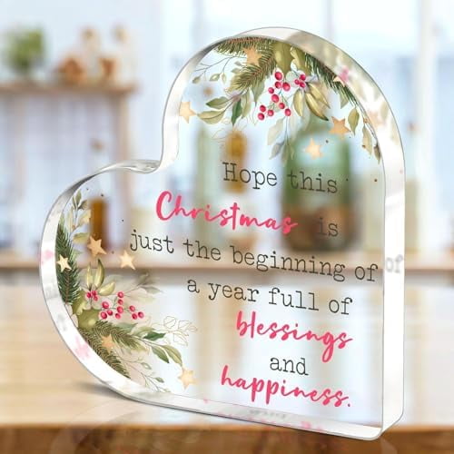 Festive Heart Shape Acrylic Plaque Block 4X4 Inch Pink Bow Green Foliage Design Cursive Lettering for Home Office Party Desk Inspirational Motivational Keepsake Holiday Decor Appreciation Gift