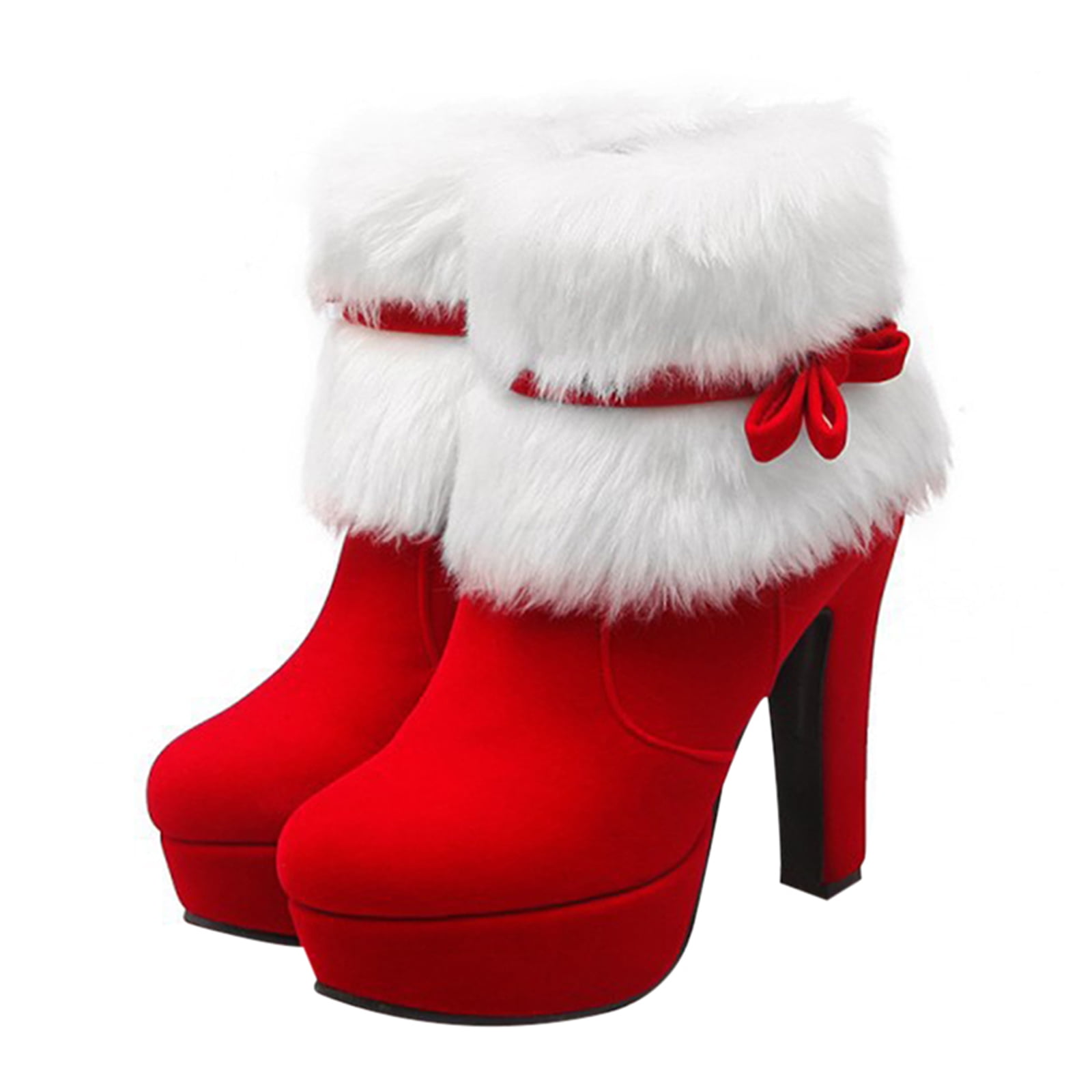 Festive Heels Christmas Winter Suede High Heeled Boots Platform Short Plush Bow Side Zipper