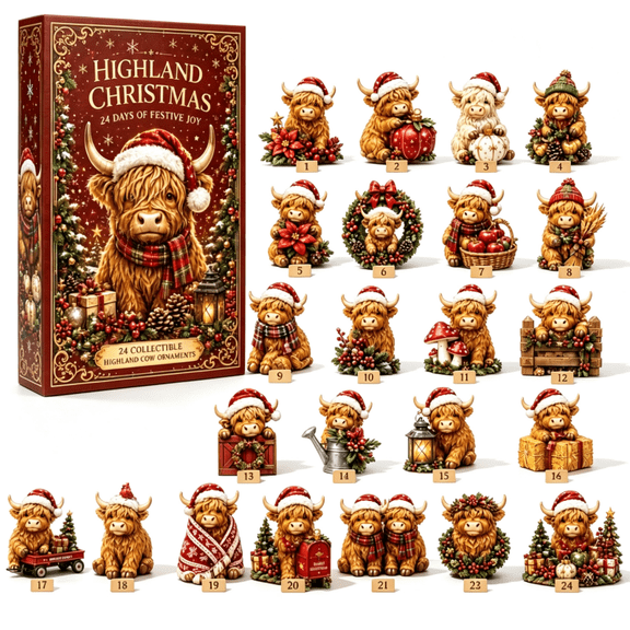 Festive Highland Cow Advent Calendar Countdown Calendar with 24 Collectible Highland Cow Ornaments for Christmas Festival, Gift for Highland Cow Fans Lovers (Red Santa Hat)