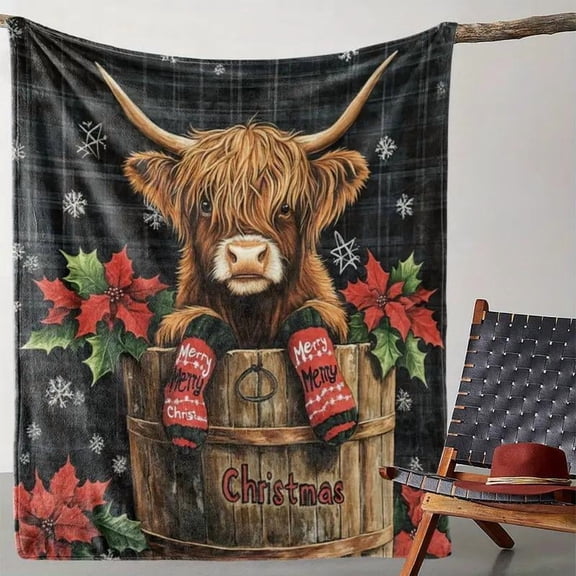 Festive Highland Cow Christmas Blanket, Flannel Quilted Digital Print, Cozy Polyester All Season Throw for Home Office Travel Camping, Holiday Gift