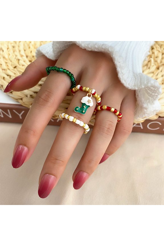 Festive Holiday Alloy Rings, 4-Piece Set: Snowflake, Gift Box, Elk, Bell, and Santa Claus Designs