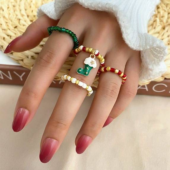 Festive Holiday Alloy Rings, 4-Piece Set: Snowflake, Gift Box, Elk, Bell, and Santa Claus Designs