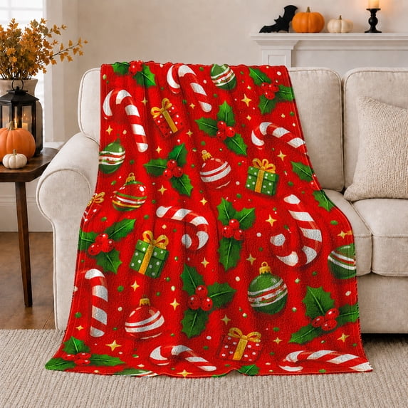 Festive Holiday Candy Decorations Christmas Red Pattern, Festive Holiday Scene, Warm Flannel Blanket for Living Room and Reading Nook, Art Lovers Christmas Gift, Festive Home Decor