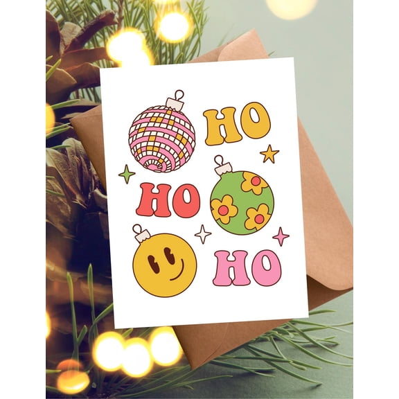 Festive Holiday Card Cheerful Ho Ho Ho Design with Ornaments Blank Inside Includes Matching Envelope Perfect for Christmas Greetings and Celebrations