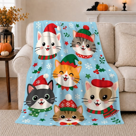 Festive Holiday Cat Faces Gathering, Festive Pet Portrait Pattern, Warm Flannel Blanket for Living Room and Reading Nook, Cat Lovers Christmas Gift, Pet Lover Home Decor