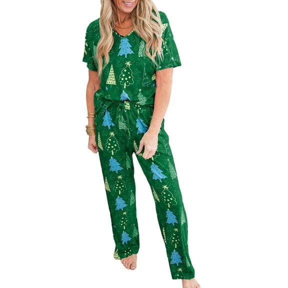 Festive Holiday Lounge Set: Cozy V Neck Tee with Matching Pants | [ZhiHiMeRi] | (US 16-18)XL