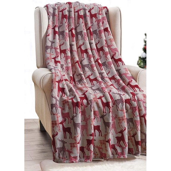 Festive Holiday Microplush Throw Blanket (50In x 60In) - Tan Reindeer Winter Throw
