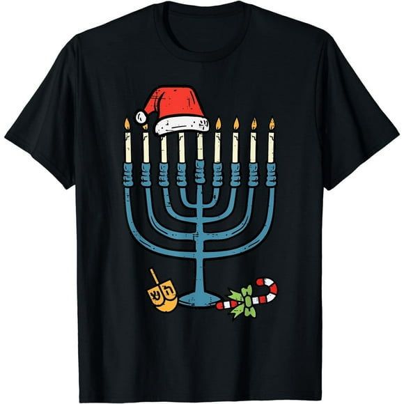 Festive Holiday T-Shirt: Celebrate Christmas and Hanukkah with Menorah and Jew Hat Design - Perfect for Men, Women, and Kids!