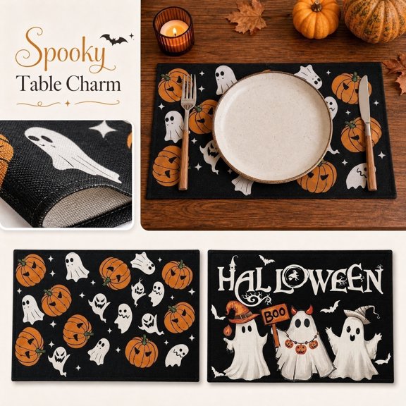 Festive Holiday Table Placemat With Halloween Theme, Decorative Rectangular Place Setting For Kitchen Dining, Spooky Party Supplies And Tabletop Protector For Home, 1Pack B