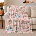 thumbnail image 1 of Festive Holiday Village Bear Penguins Snow Paths Pink, Festive Holiday Scene, Warm Flannel Blanket for Cabin and Lodge, Art Lovers Christmas Gift, Festive Home Decor, 1 of 9