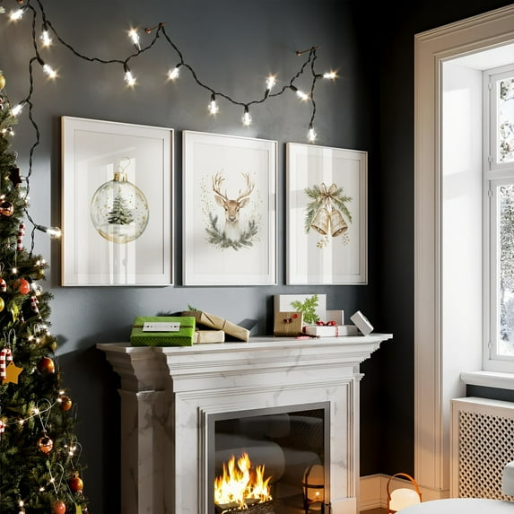 Festive Holiday Wall Art Set of 3, Christmas Tree Reindeer and Bells Minimalism Christmas Decorations, Golden Christmas Canvas Poster Prints, Rustic Christmas Decor, Classic Christmas Canvas Paintin