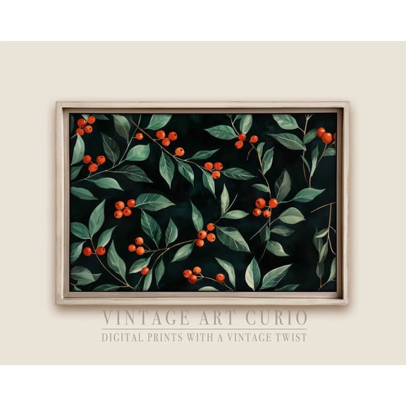 Festive Holly Botanical Wall Art Print, Winter Decor, Rustic Red Berry And Green Leaves Illustration #3919 Warm Present Vintage UNFRAMED Poster Size 24x36