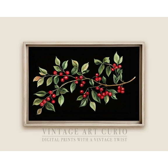 Festive Holly Botanical Wall Art Print, Winter Decor, Rustic Red Berry And Green Leaves Illustration #3920 Warm Present Vintage UNFRAMED Poster Size 8x12