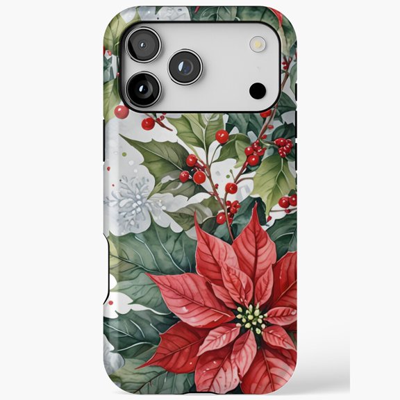 Festive Holly Poinsettia Art Case for iPhone 11 12 13 14 15 16 17 Pro Max