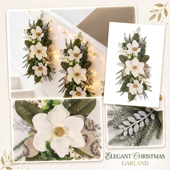 Festive Home Accent Piece, Mantle Swag, Door Swag, Traditional Holiday Decor, 28X10 Inch Christmas White Floral Teardrop Swag with Silver Foliage and Small Bell for Stair, Wall
