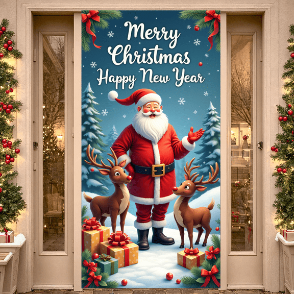 Festive Horse Christmas Banner Santa Hats Cartoon Design Winter Theme for Holiday Party Kids Room Decoration